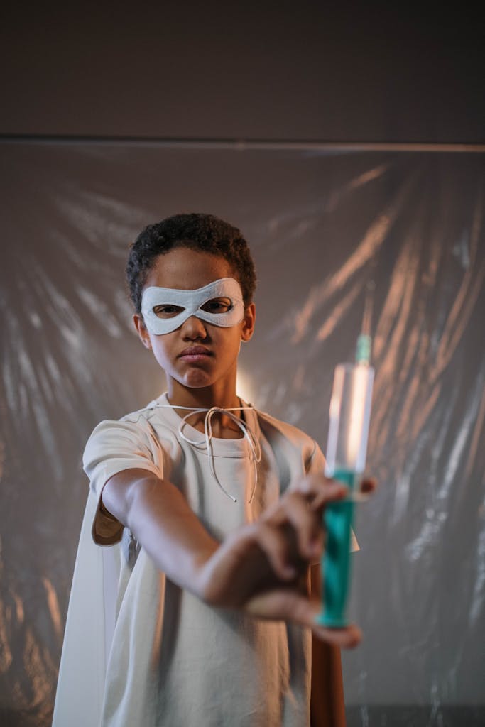 A Boy Wearing a Mask Holding a Syringe